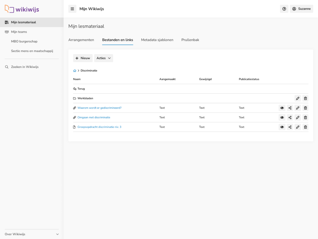 In deze screenshot zie je dat Wikiwijs-gebruiker Suzanne een categorie ‘Discriminatie’ heeft aangemaakt. In die map zie je een submap ‘Werkbladen’ staan. 