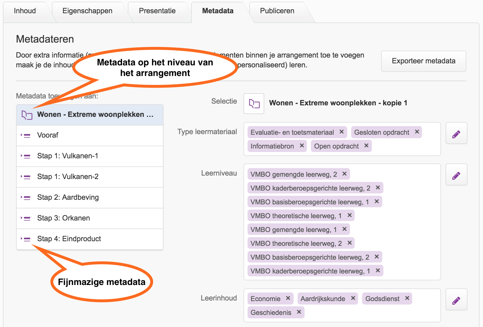 metadata van een arrangement in Wikiwijs maken