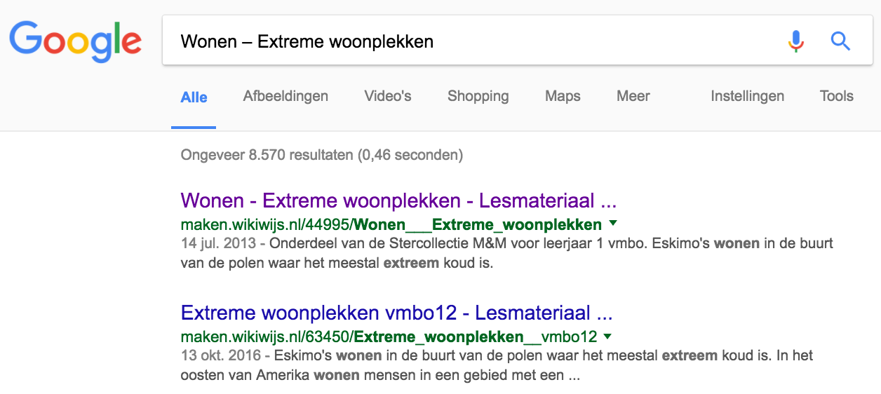 zoekresultaten in google